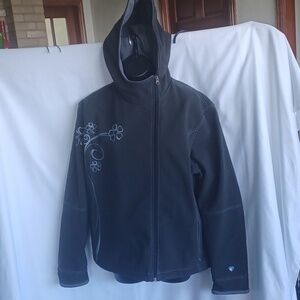 Kuhl Women's Hard-shell Jacket Hooded, Black W/Floral Wrap Around S XL, 24" PTP